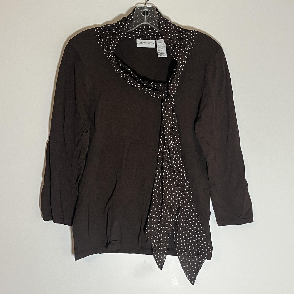 Jaclyn Smith Shirt Womens Medium Brown Polka Dot Tie Neck Scarf 3/4 Sleeve Knit‎
